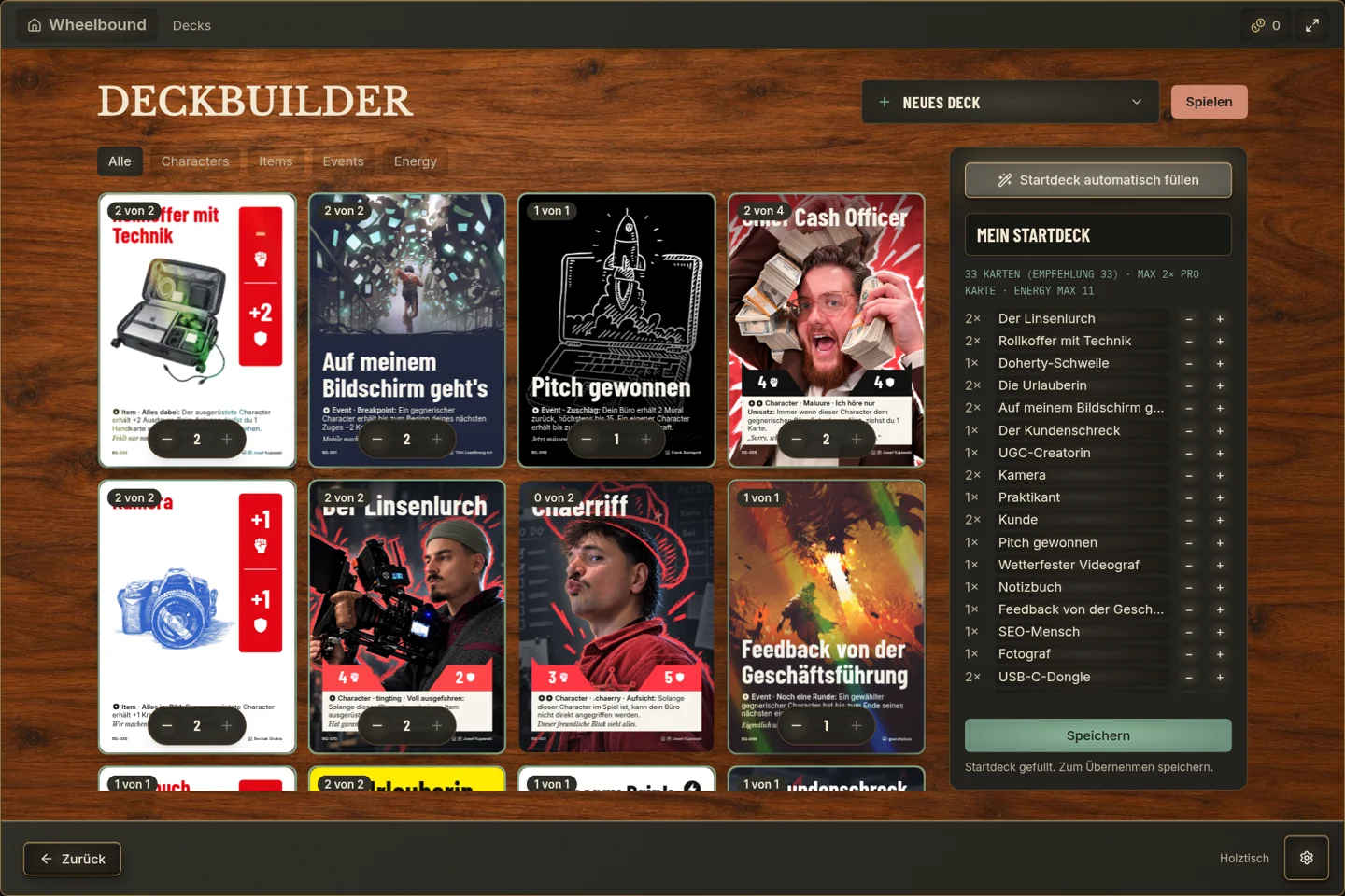 Deckbuilder mit echten Karten und einem gefüllten Deckentwurf